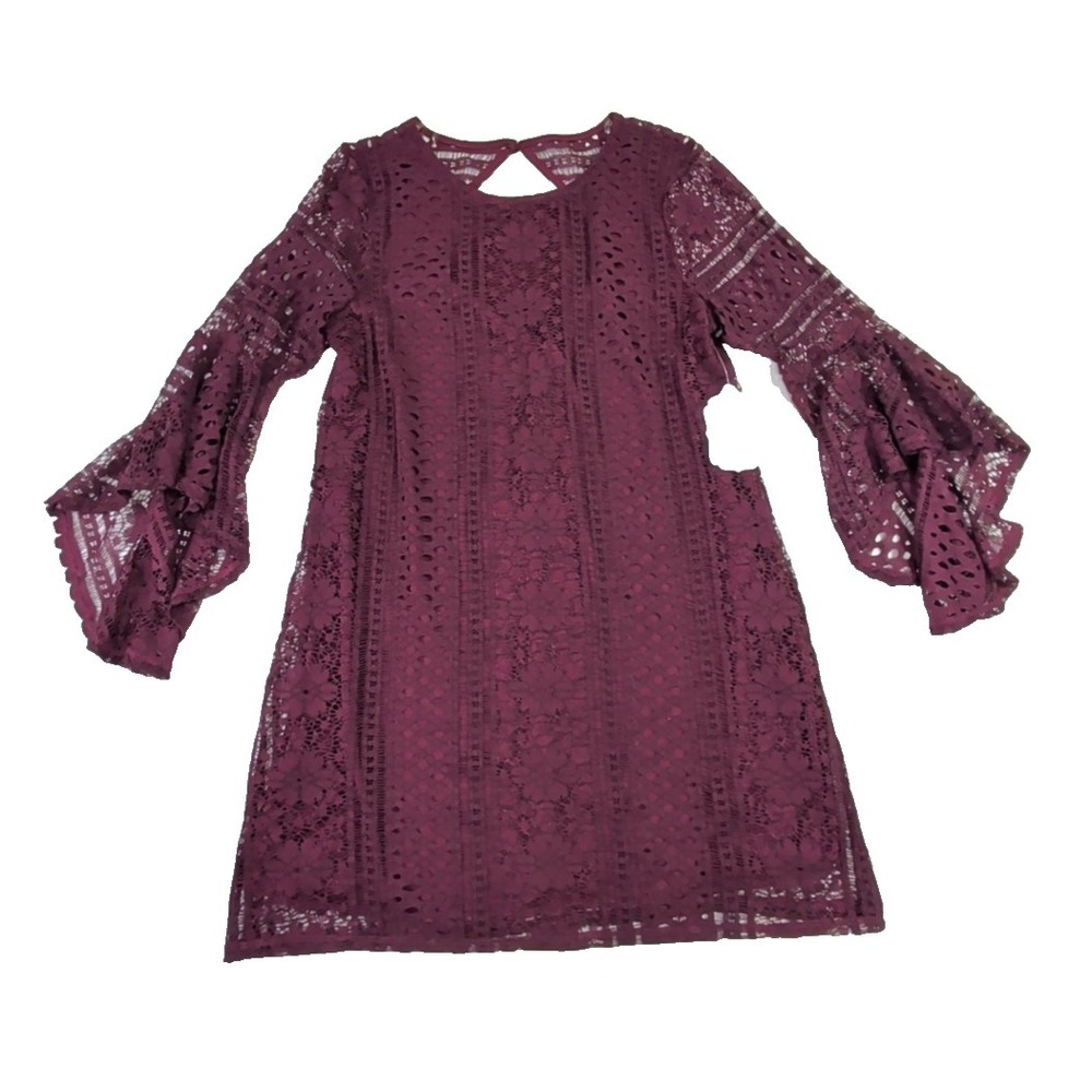 Altard State Lace Mini Dress Women L Burgundy Bell Sleeve Open Back Boho Western